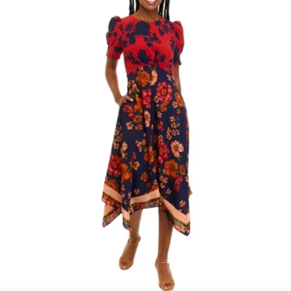 Vince Camuto Women's Puff Sleeve Printed Handkerchief Midi Dress